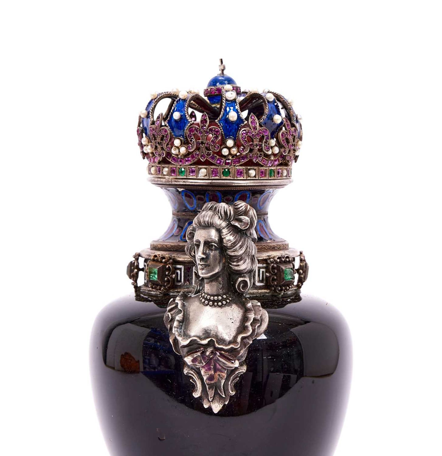 A FINE 19TH CENTURY VIENNESE ENAMEL, SILVER AND JEWELLED URN AND COVER OF ROYAL THEME - Image 11 of 12