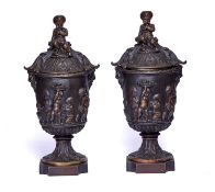 A PAIR OF 19TH CENTURY BRONZE CLASSICAL STYLE LIDDED URNS