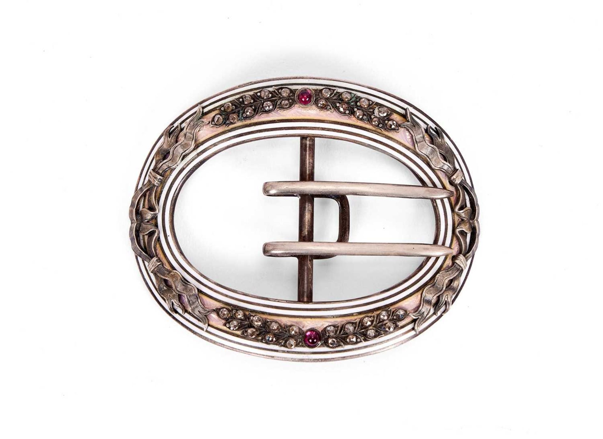 AN EARLY 20TH CENTURY RUSSIAN SILVER, ENAMEL AND DIAMOND SET BELT BUCKLE