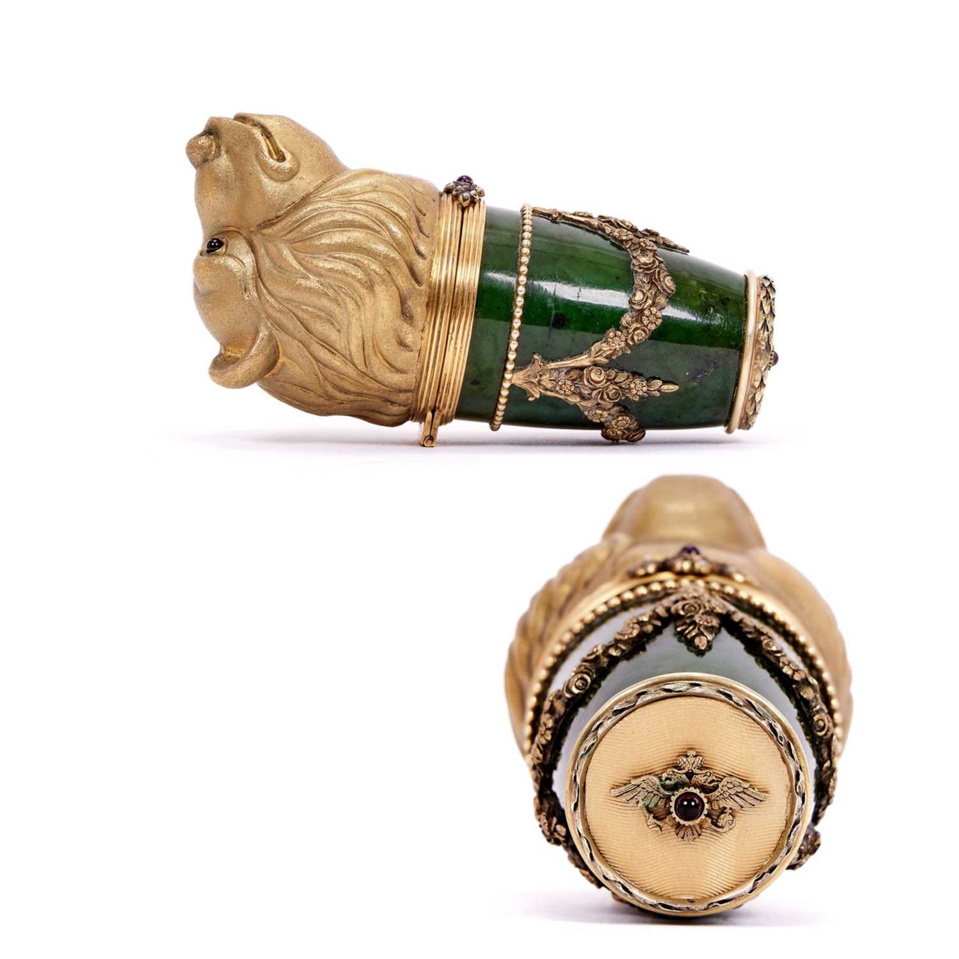 A FABERGE STYLE SILVER GILT, GEM SET AND NEPHRITE JADE BOX MODELLED WITH A BEAR