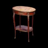 A LATE 19TH CENTURY FRENCH AMARANTH AND KINGWOOD MARBLE TOPPED TABLE