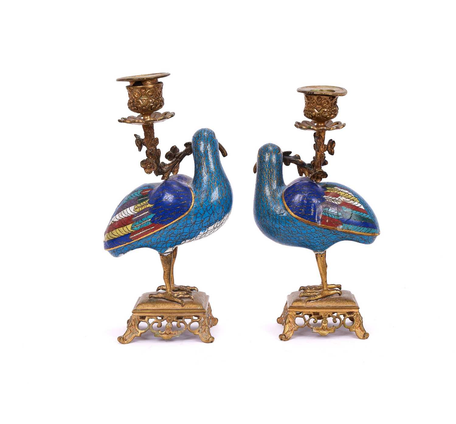 A PAIR OF 19TH CENTURY CHINESE CLOISONNE ENAMEL CANDLESTICKS MODELLED AS DOVES - Image 3 of 6