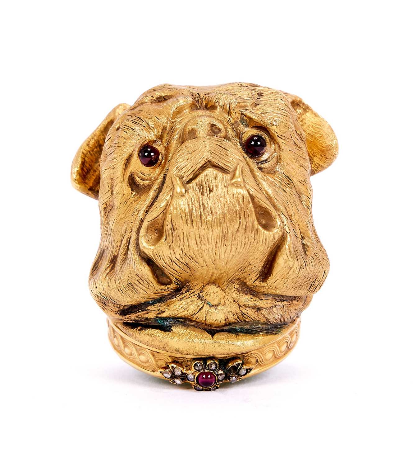 A FABERGE STYLE SILVER GILT, DIAMOND AND GUILLOCHE ENAMEL MOUNTED PILL BOX MODELLED AS A BULLDOG - Image 2 of 4