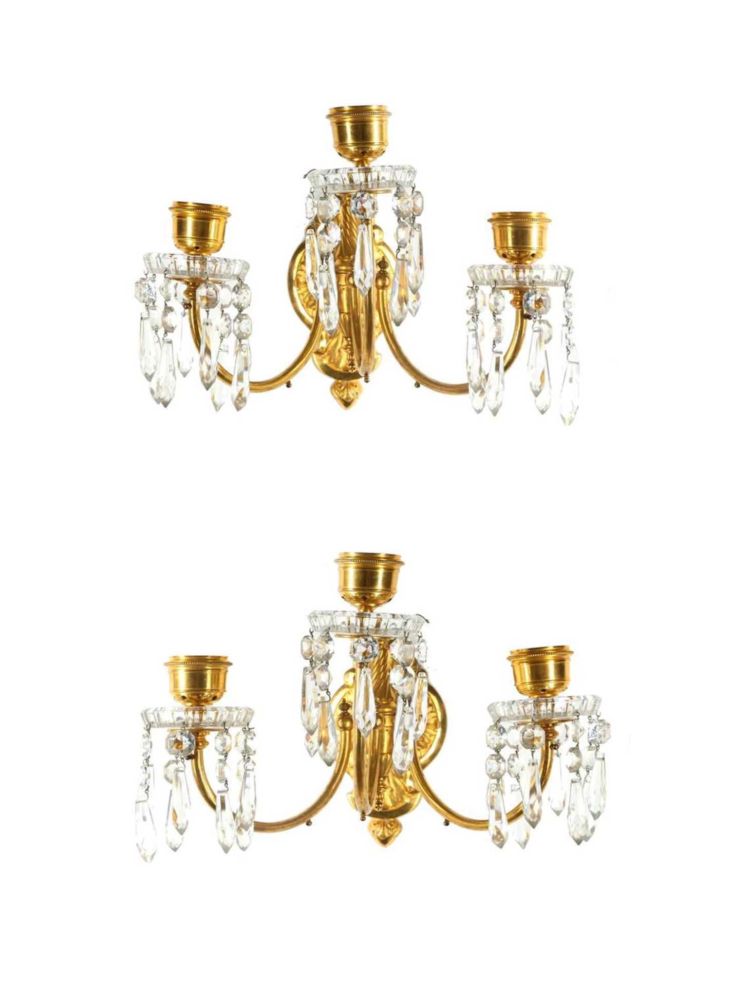 BACCARAT: A PAIR OF LATE 19TH / EARLY 20TH CENTURY GILT BRONZE AND CRYSTAL WALL LIGHTS