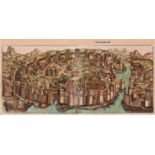 A 15TH CENTURY HAND COLOURED WOODCUT VIEW OF CONSTANTINOPLE FROM THE NUREMBERG CHRONICLE