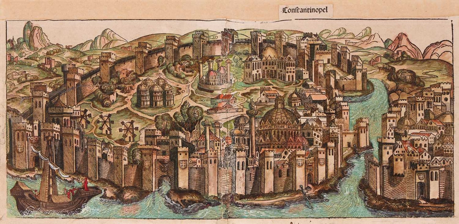 A 15TH CENTURY HAND COLOURED WOODCUT VIEW OF CONSTANTINOPLE FROM THE NUREMBERG CHRONICLE