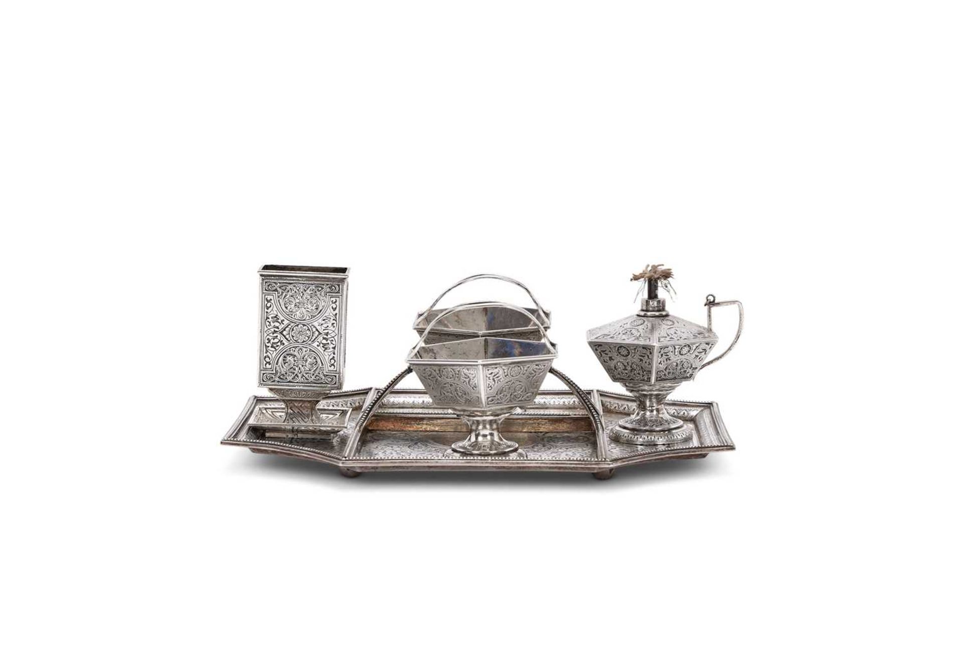 A FINE SILVER AND NIELLO SMOKING SET, RUSSIAN, CIRCA 1900, BY ANTIP KUZMICHEV, MOSCOW