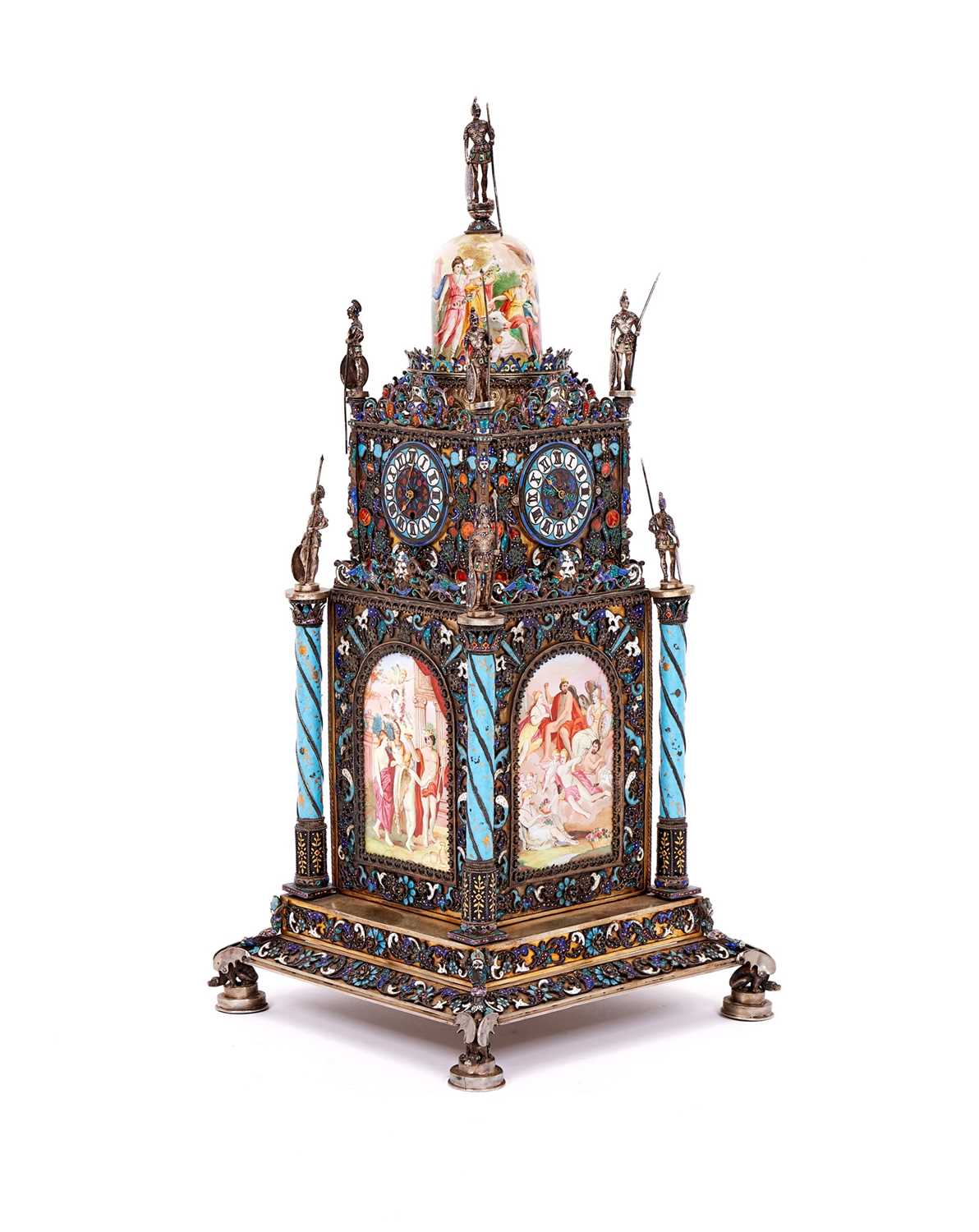 A MASSIVE SILVER AND ENAMEL CLOCK ATTRIBUTED TO HERMANN BOEHM, VIENNA, CIRCA 1890 - Image 2 of 2