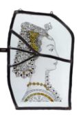 A 19TH CENTURY STAINED GLASS PANEL DEPICTING AN ITALIAN NOBLEWOMAN