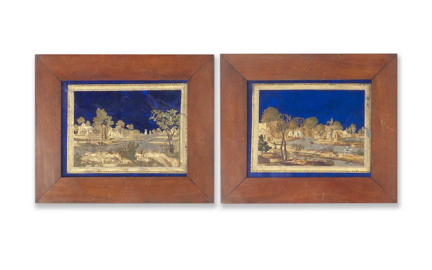 ATTRIBUTED TO COMPIGNE: A PAIR OF 18TH CENTURY PEWTER, BRASS, GILT AND PAINTED GLASS LANDSCAPES