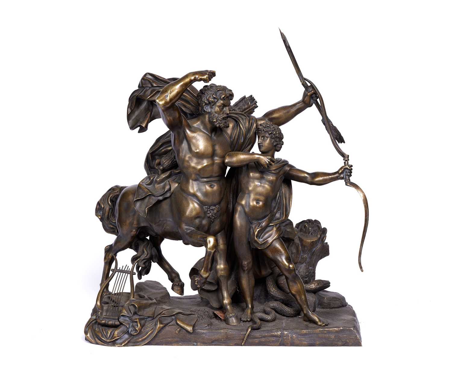 A 19TH CENTURY BRONZE GROUP OF THE EDUCATION OF ACHILLES AFTER FRANCOIS RUDE, FRENCH (1784-1855):