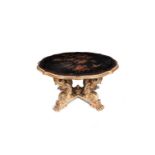 A LATE 19TH / EARLY 20TH CENTURY CHINOISERIE LACQUERED, PAINTED AND PARCEL GILT CENTRE TABLE