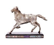 A 19TH CENTURY RUSSIAN SOLID SILVER AND PEARL ENCRUSTED MODEL OF A HORSE AFTER LANCERAY