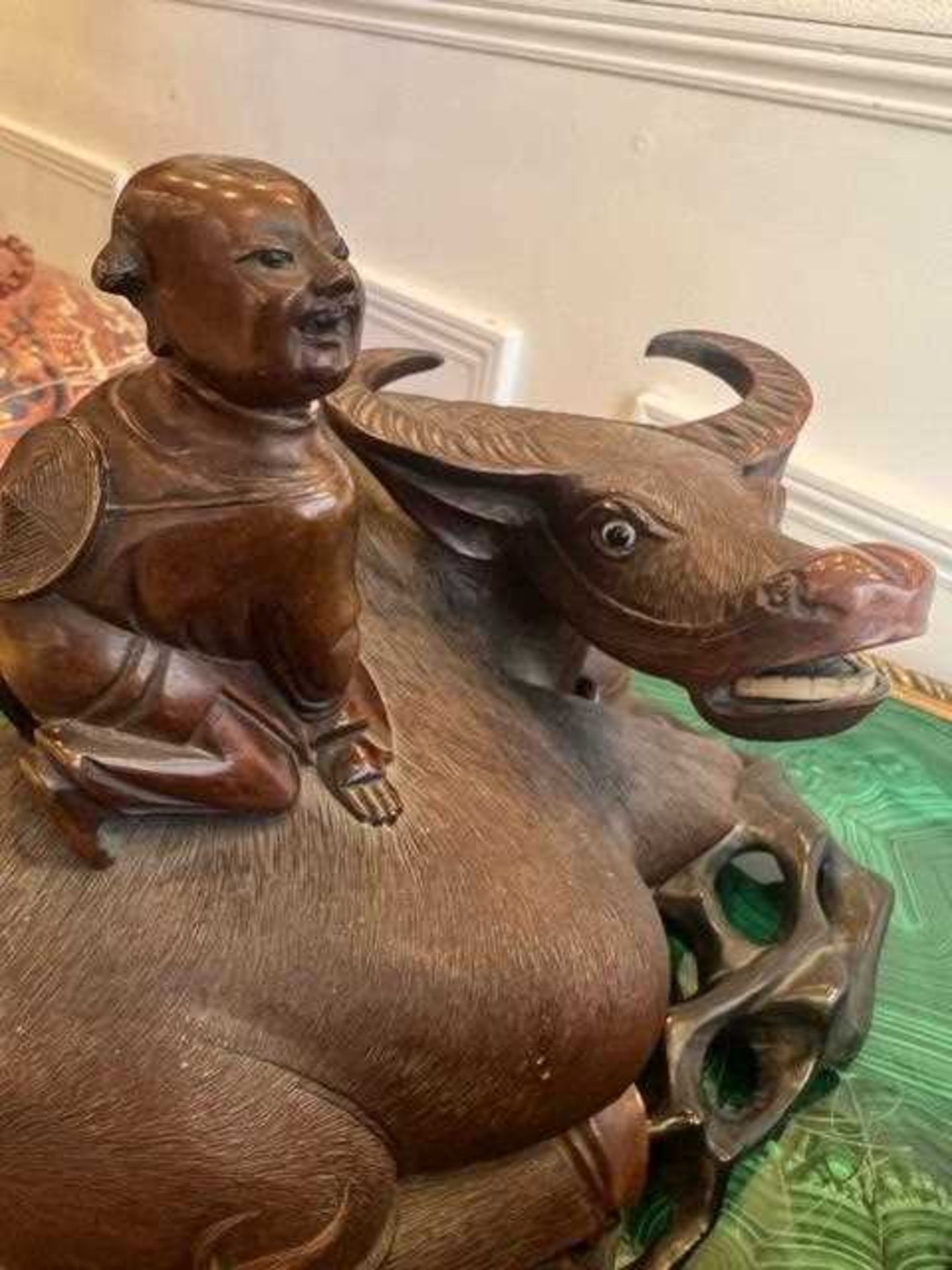 A PAIR OF QING DYNASTY CHINESE CARVED HARDWOOD GROUPS OF WATER BUFFALO WITH MEN - Image 7 of 13