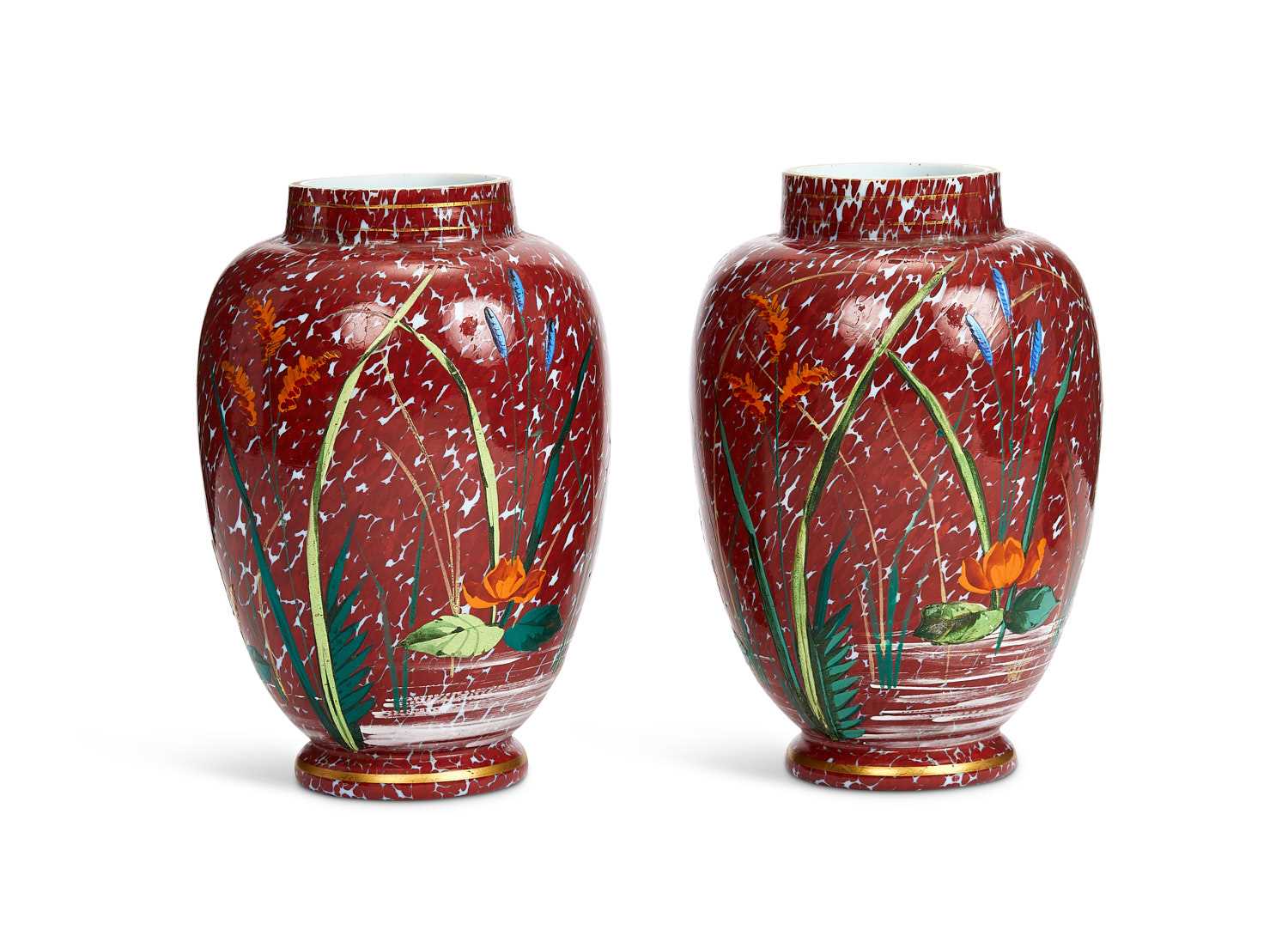 A PAIR OF LATE 19TH / EARLY 20TH CENTURY ENAMELLED GLASS VASES