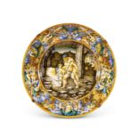 A LARGE 16TH CENTURY STYLE MAJOLICA CHARGER DEPICTING AENEAS, ANCHISES AND ASCANIUS