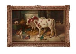 ERNST ALBERT BECKER (GERMAN, 19TH CENTURY): A LARGE PAINTING OF A FARMYARD SCENE