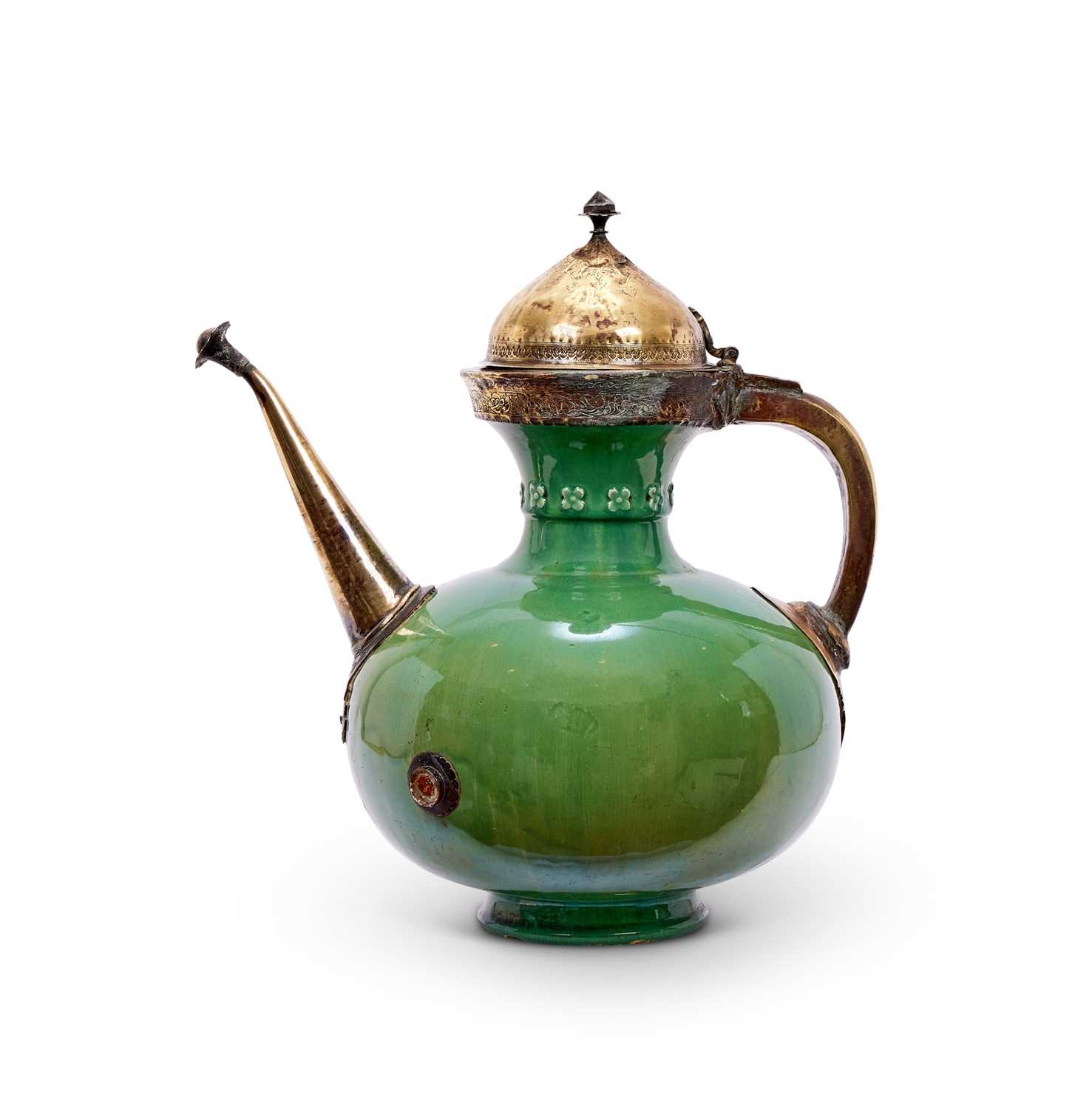 A 17TH CENTURY SAFAVID CERAMIC EWER WITH LATER MOUNTS