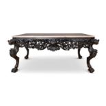 A 19TH CENTURY GEORGE II STYLE CARVED WOOD AND MARBLE TOPPED HALL TABLE