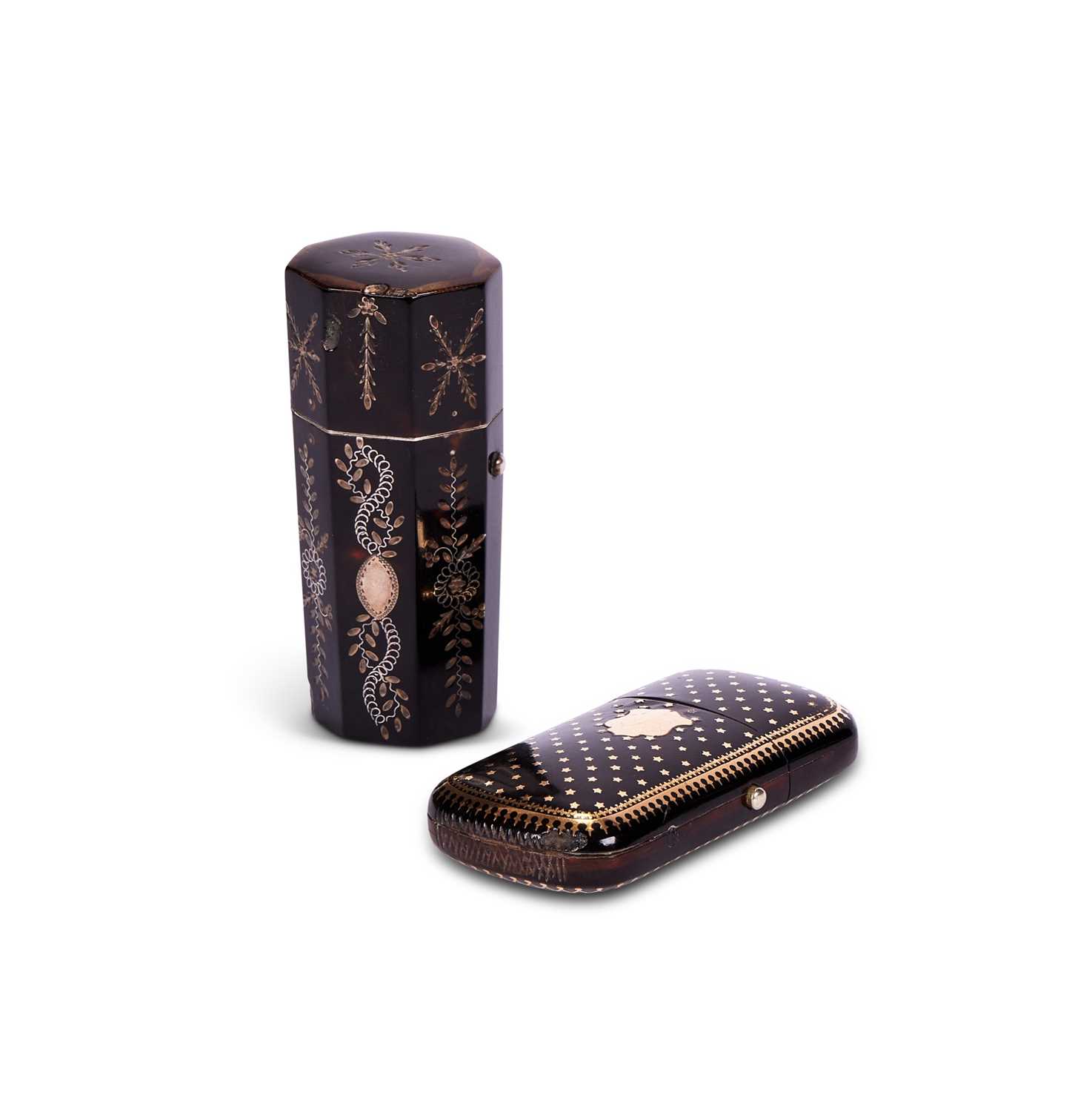 TWO 18TH CENTURY TORTOISESHELL AND SILVER PIQUE INLAID ETUI CASES