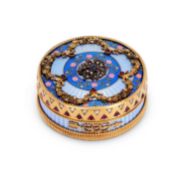 A FABERGE STYLE SILVER GILT, GUILLOCHE ENAMEL AND DIAMOND MOUNTED PILL BOX