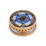A FABERGE STYLE SILVER GILT, GUILLOCHE ENAMEL AND DIAMOND MOUNTED PILL BOX