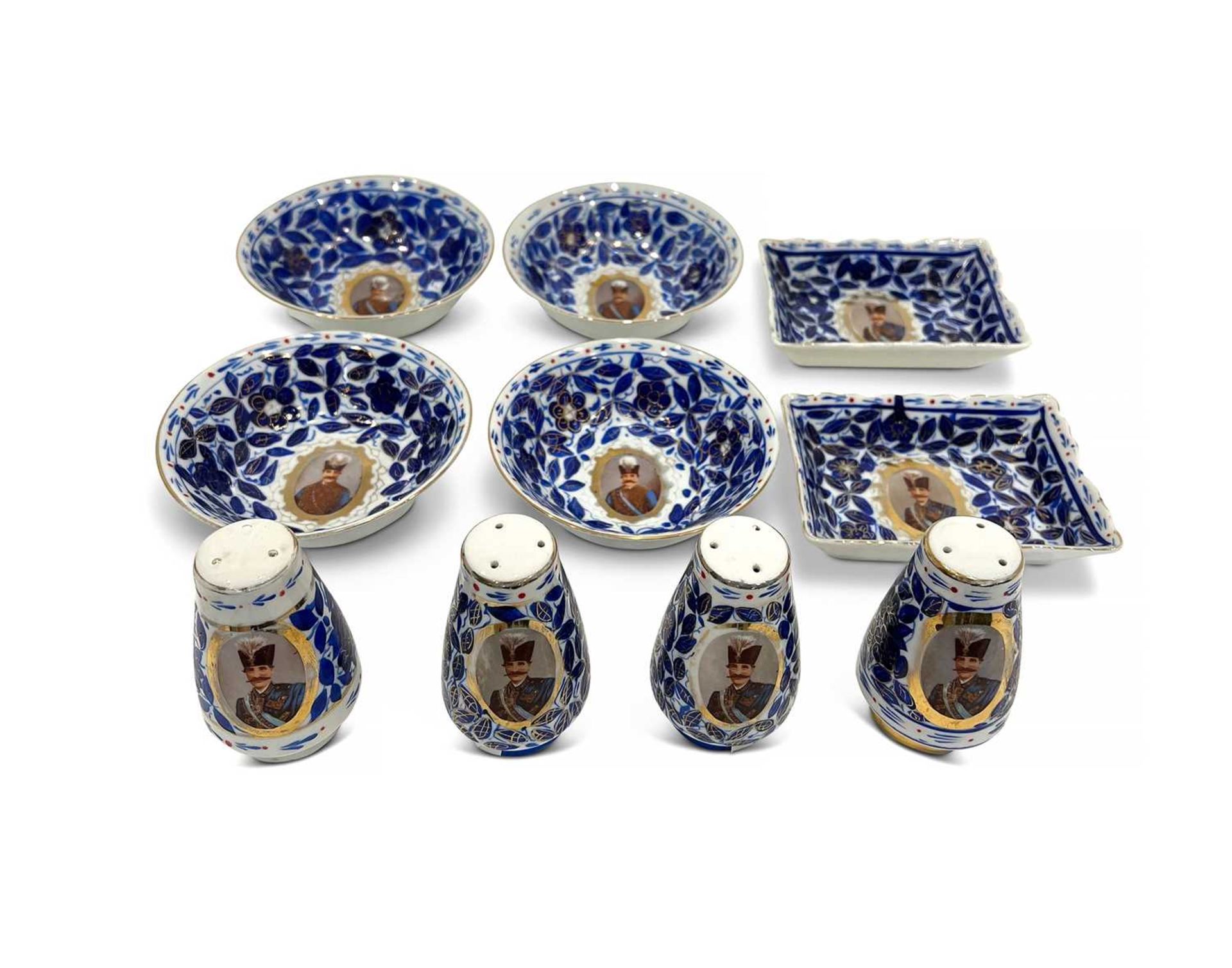 A RUSSIAN PORCELAIN SALT AND PEPPER SET TOGETHER WITH OTHER ITEMS MADE FOR THE PERSIAN MARKET