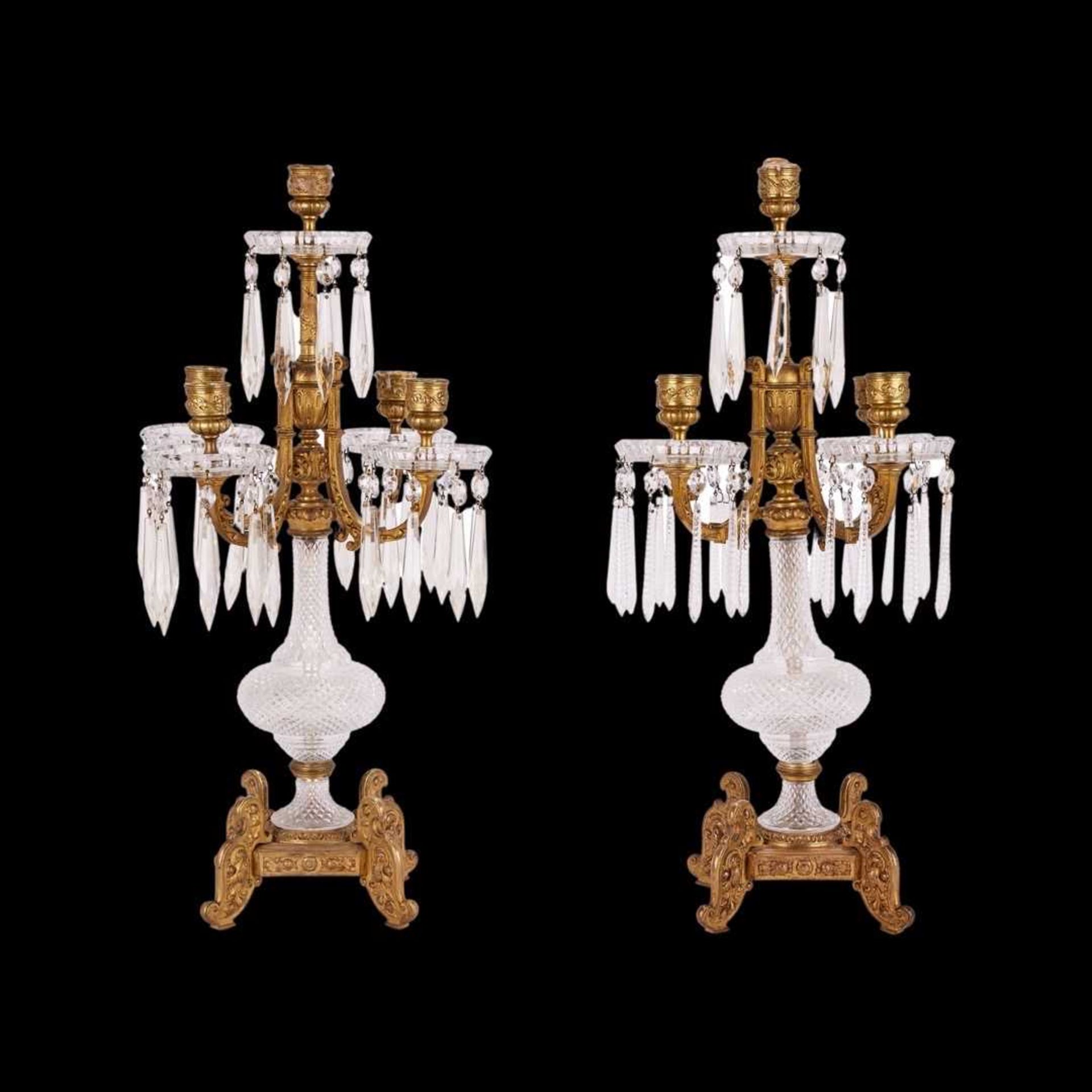 BACCARAT: AN IMPORTANT PAIR OF LATE 19TH CENTURY CUT CRYSTAL GLASS AND ORMOLU CANDELABRA