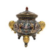 A CHINESE CLOISONNE ENAMEL AND ORMOUL MOUNTED TRIPOD CENSER