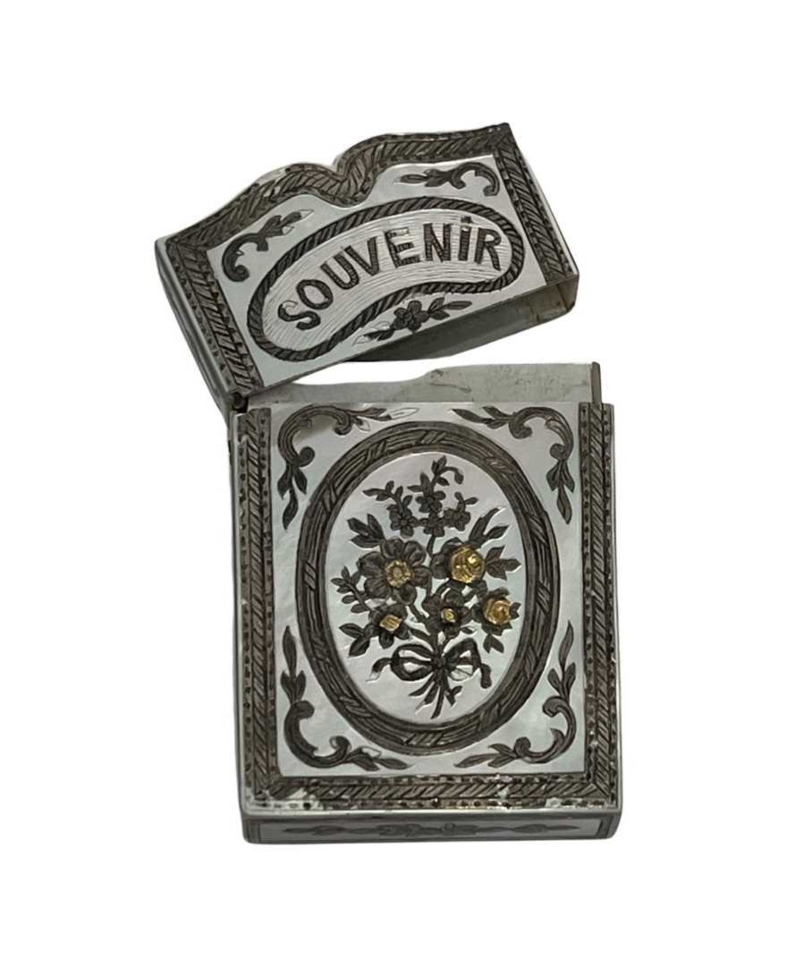 A 19TH CENTURY FRENCH SILVER AND MOTHER OF PEARL CARD HOLDER