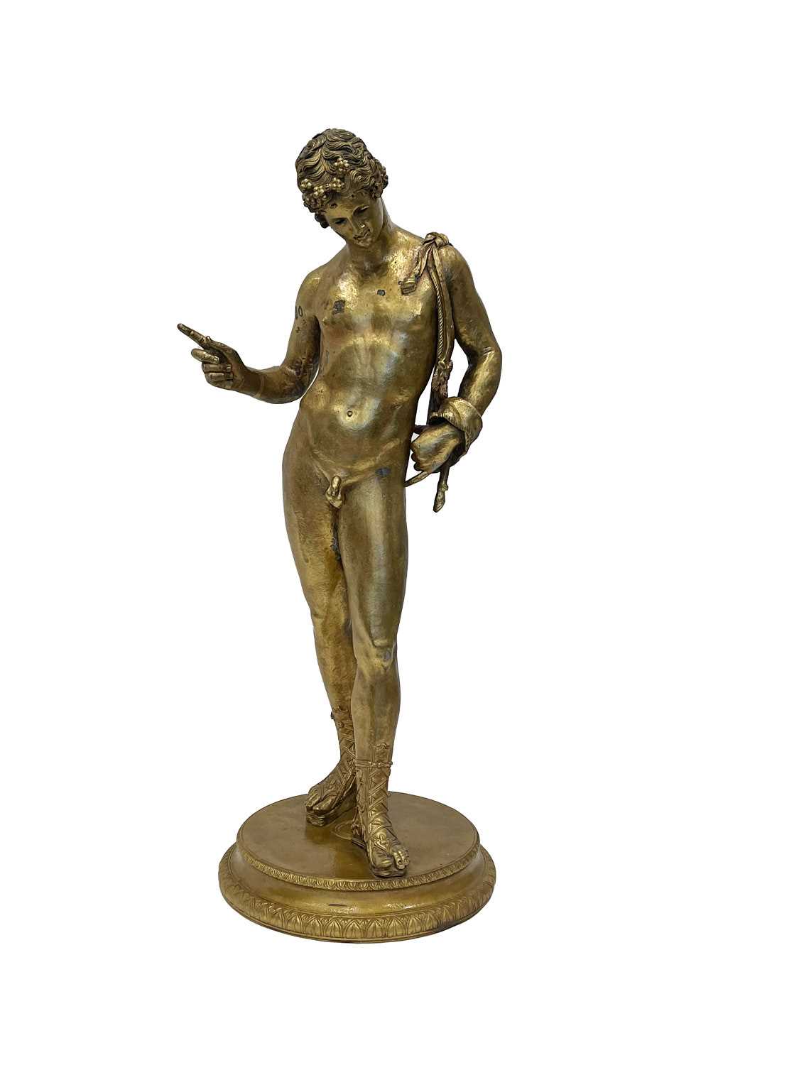 A 19TH CENTURY GRAND TOUR GILT BRONZE FIGURE OF NARCISSUS, AFTER THE ANTIQUE