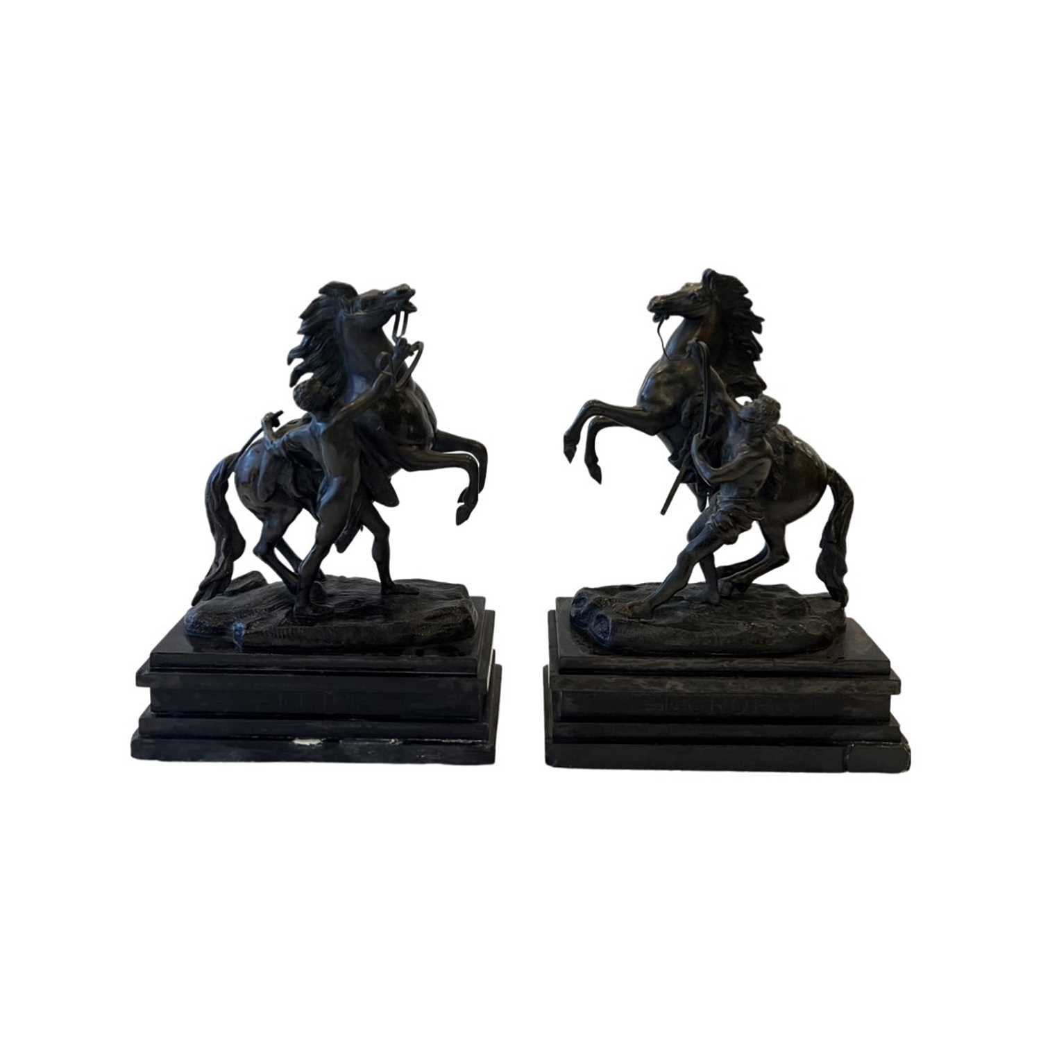 A SMALL PAIR OF 19TH CENTURY BRONZE MODELS OF THE MARLEY HORSES AFTER COUSTOU (FRENCH, 1677-1746)