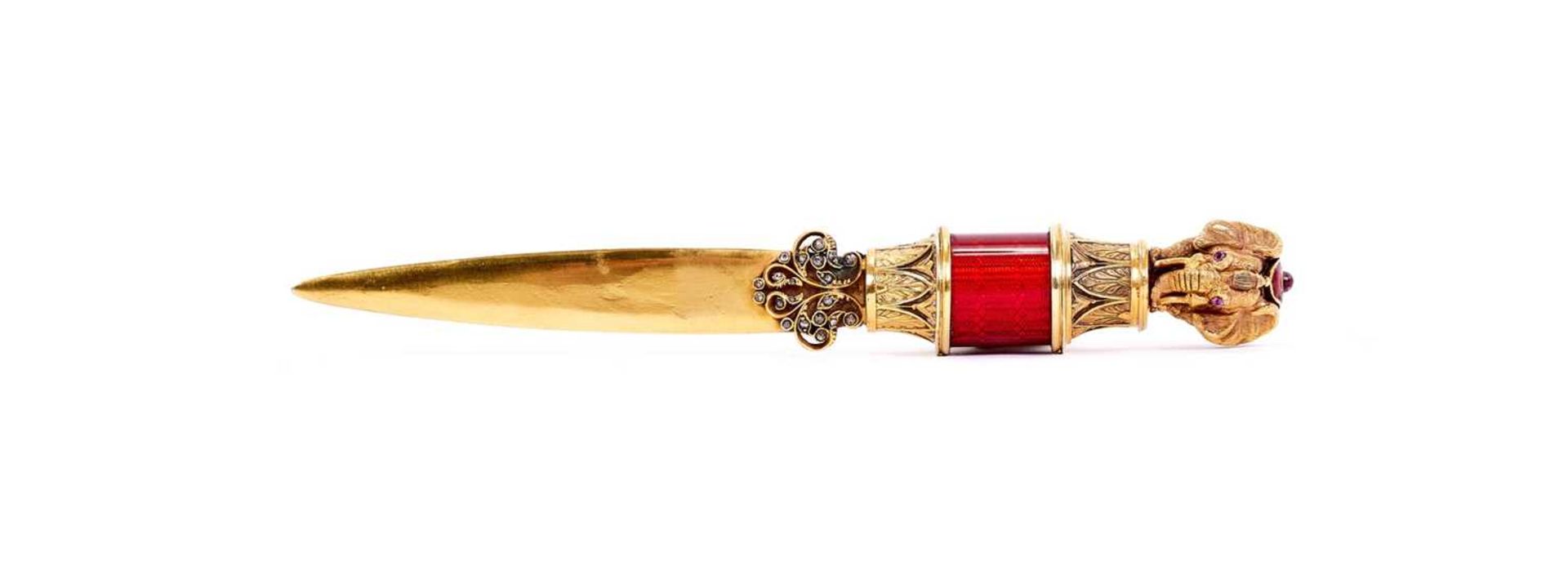 A FABERGE STYLE SILVER GILT, DIAMOND SET AND ENAMELLED LETTER OPENER DECORATED WITH AN ELEPHANT - Image 3 of 17