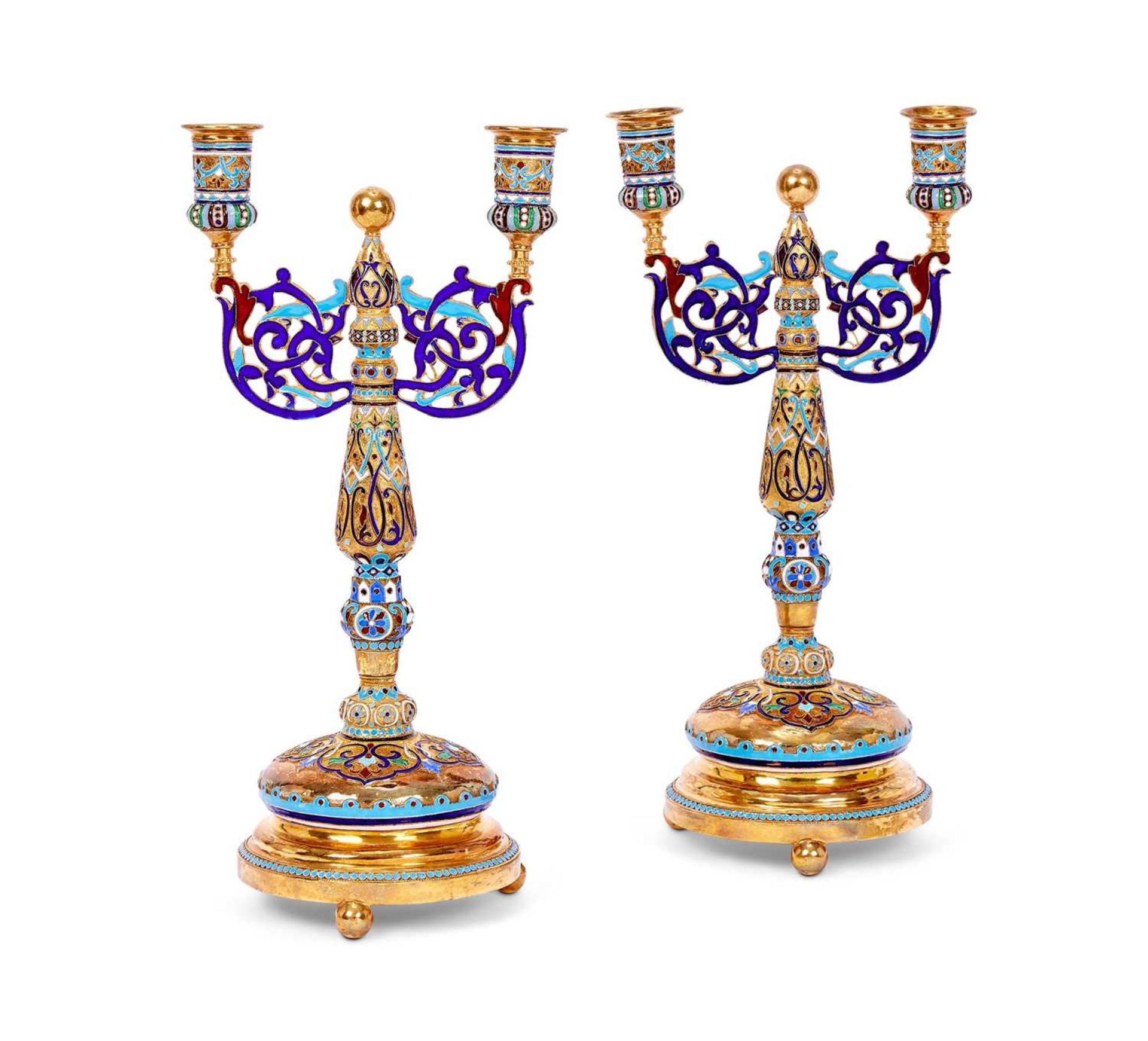 A PAIR OF SILVER GILT AND CHAMPLEVE ENAMEL CANDELABRA IN THE RUSSIAN STYLE - Image 2 of 4