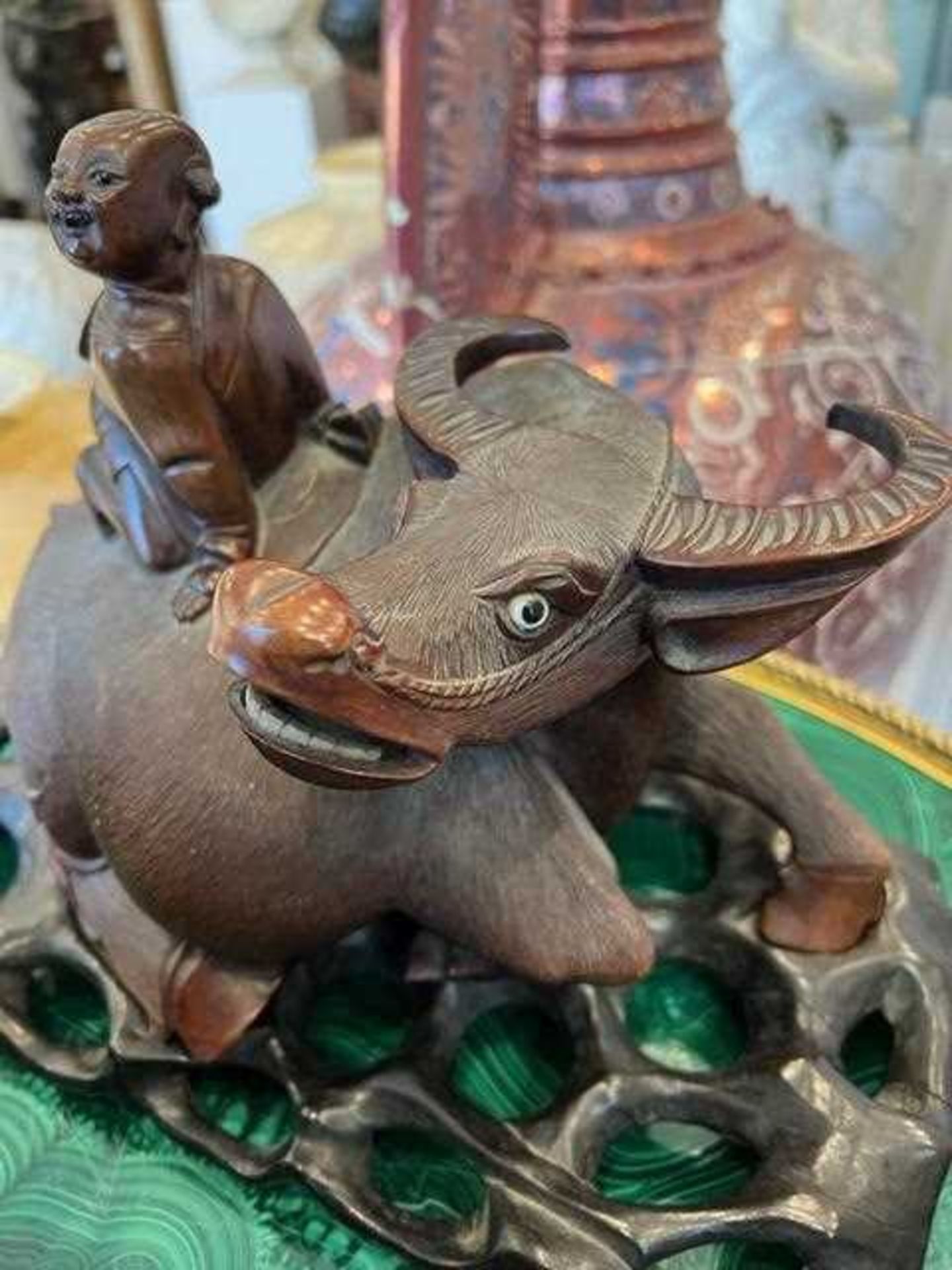 A PAIR OF QING DYNASTY CHINESE CARVED HARDWOOD GROUPS OF WATER BUFFALO WITH MEN - Image 10 of 13