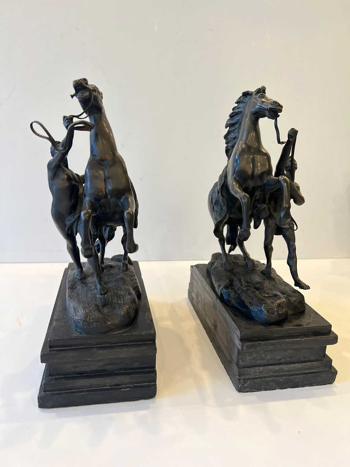 A SMALL PAIR OF 19TH CENTURY BRONZE MODELS OF THE MARLEY HORSES AFTER COUSTOU (FRENCH, 1677-1746) - Image 2 of 3