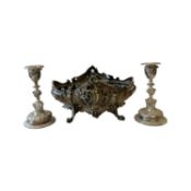 ELKINGTON: A PAIR OF 19TH CENTURY CANDLESTICKS TOGETHER WITH A BOWL
