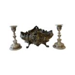 ELKINGTON: A PAIR OF 19TH CENTURY CANDLESTICKS TOGETHER WITH A BOWL