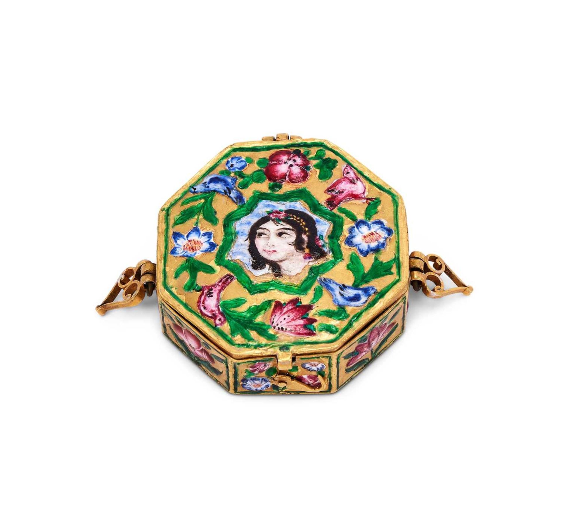 A 19TH CENTURY QAJAR GOLD AND ENAMEL AMULET BOX