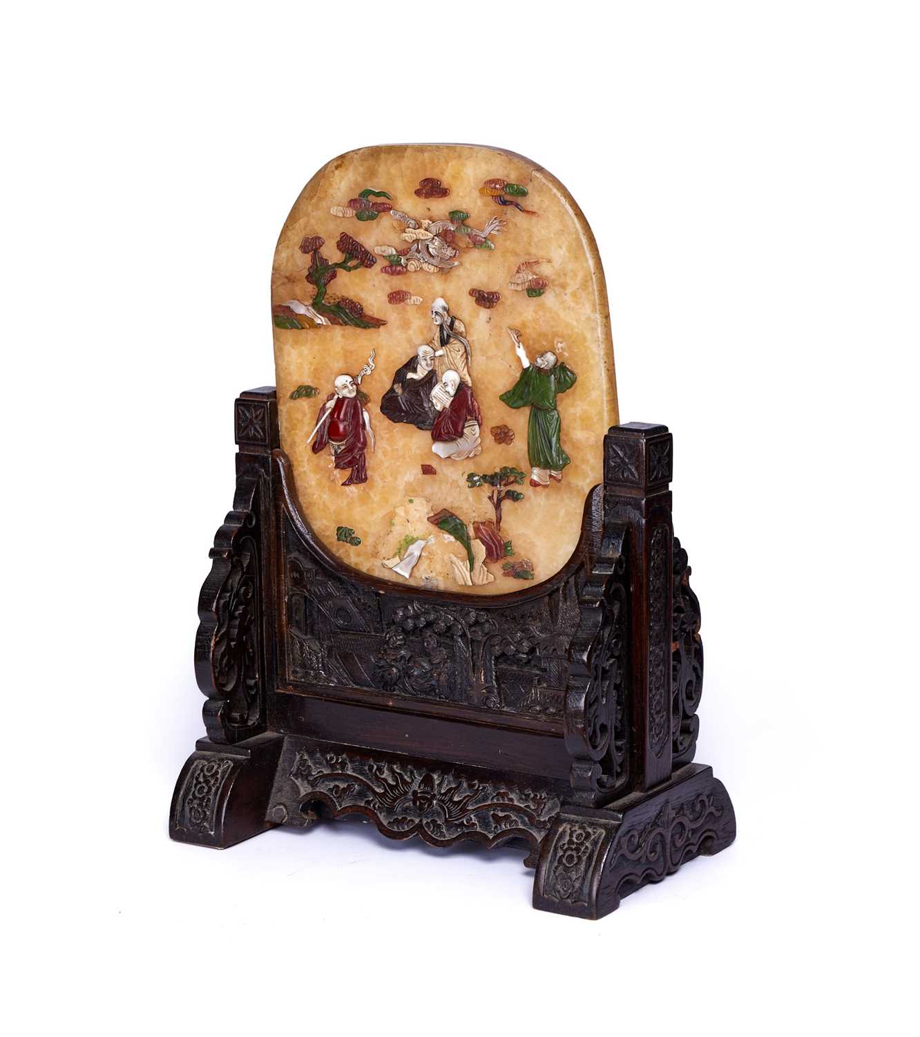 A 19TH CENTURY CHINESE CARVED JADE AND MOTHER OF PEARL TABLE SCREEN