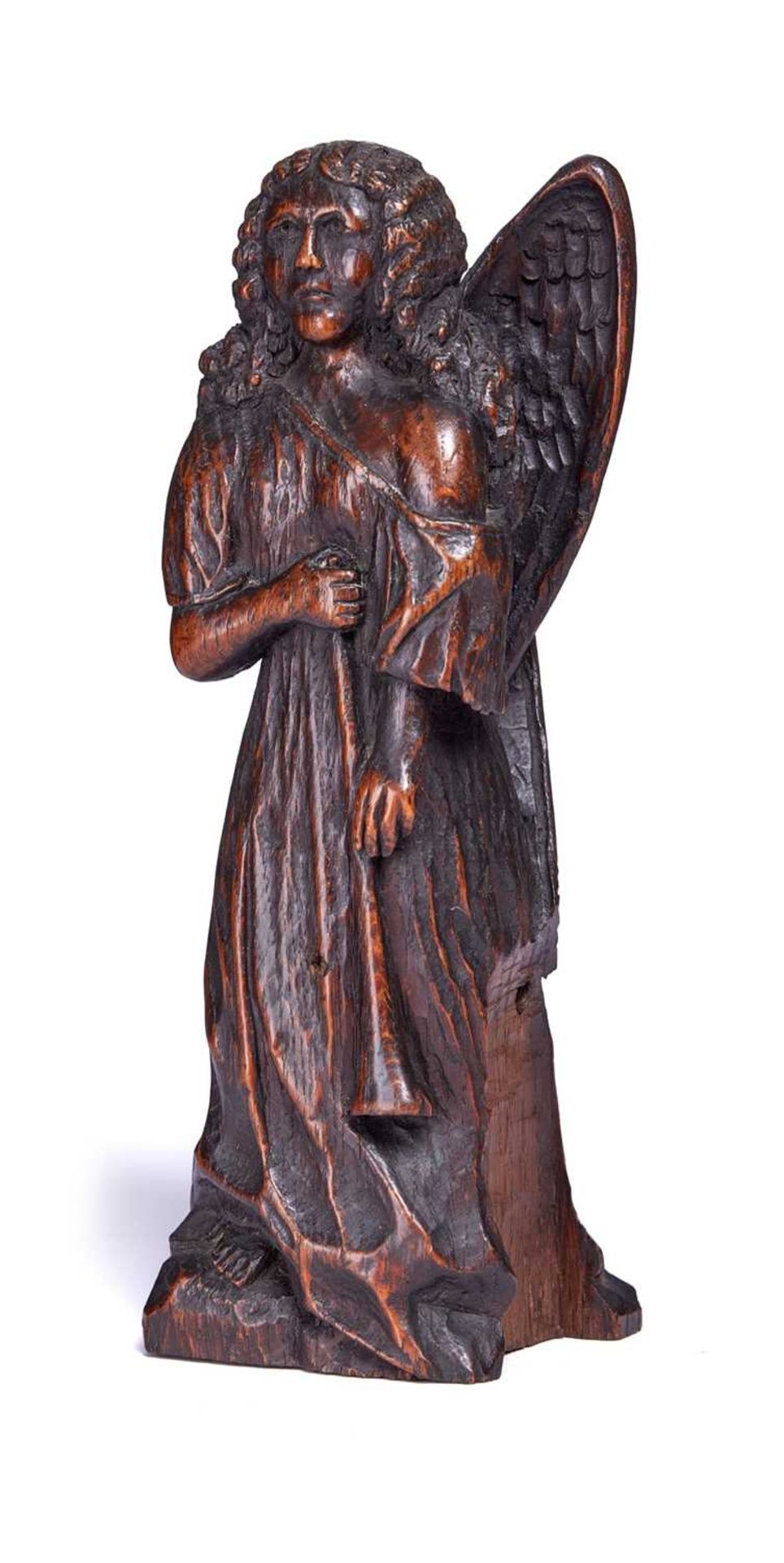 A 19TH CENTURY GOTHIC STYLE OAK CARVING OF AN ANGEL