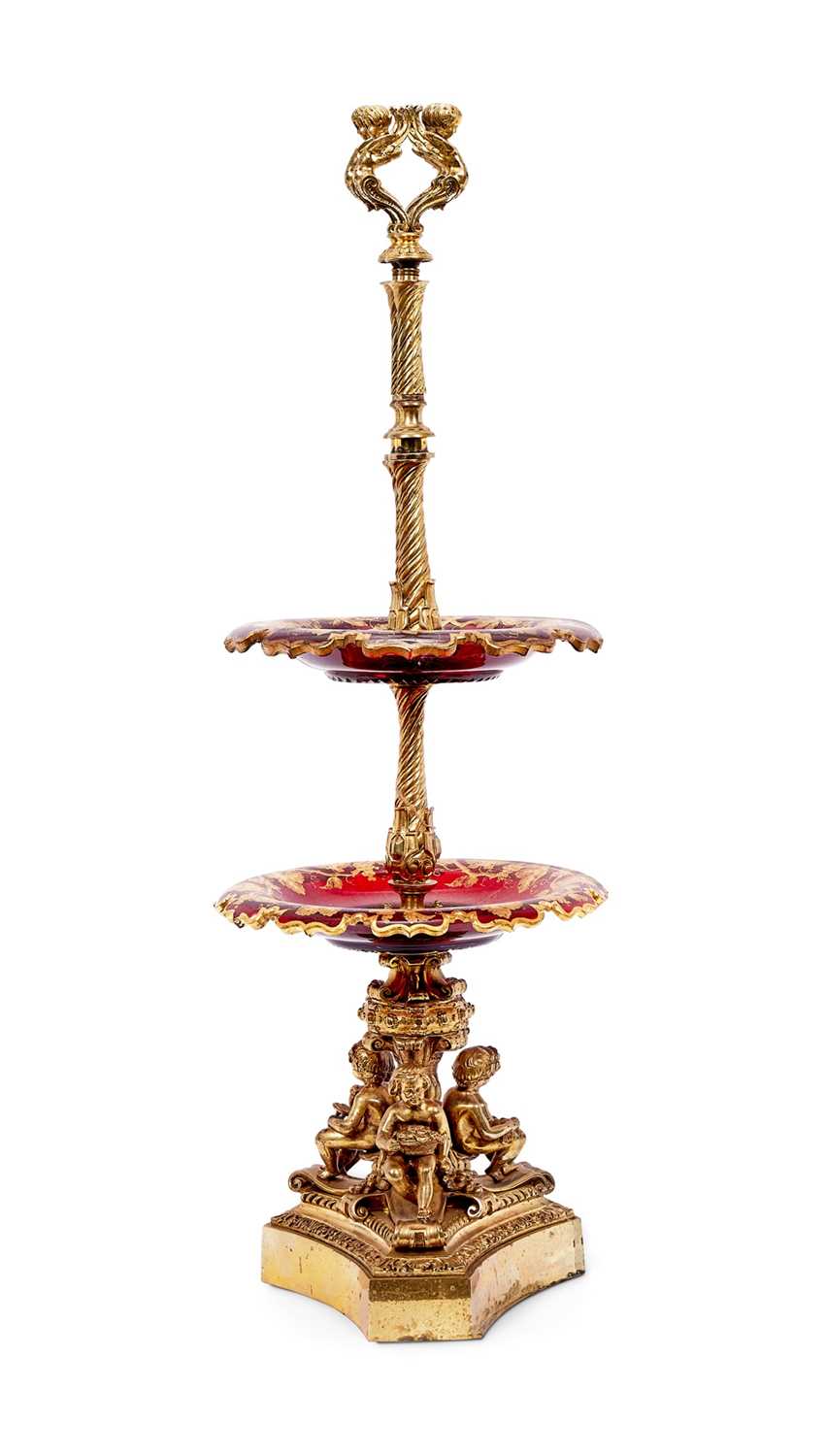 A 19TH CENTURY GILT BRONZE AND RUBY GLASS CENTREPIECE