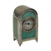 AN EARLY 20TH CENTURY SILVER AND GUILLOCHE ENAMEL MINIATURE TRAVELLING CLOCK