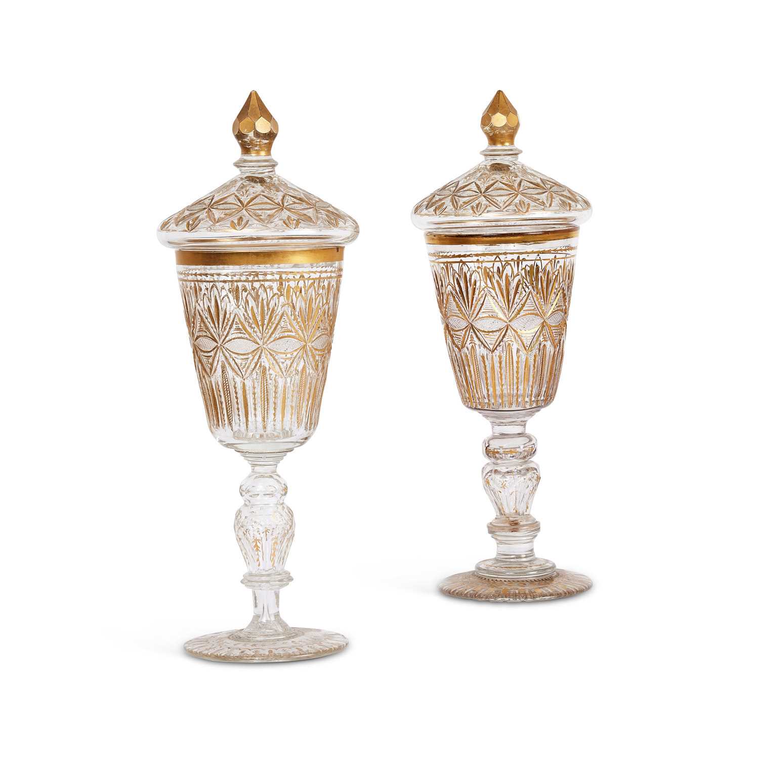 A PAIR OF 19TH CENTURY BOHEMIAN GLASS GOBLETS AND COVERS FOR THE PERSIAN MARKET