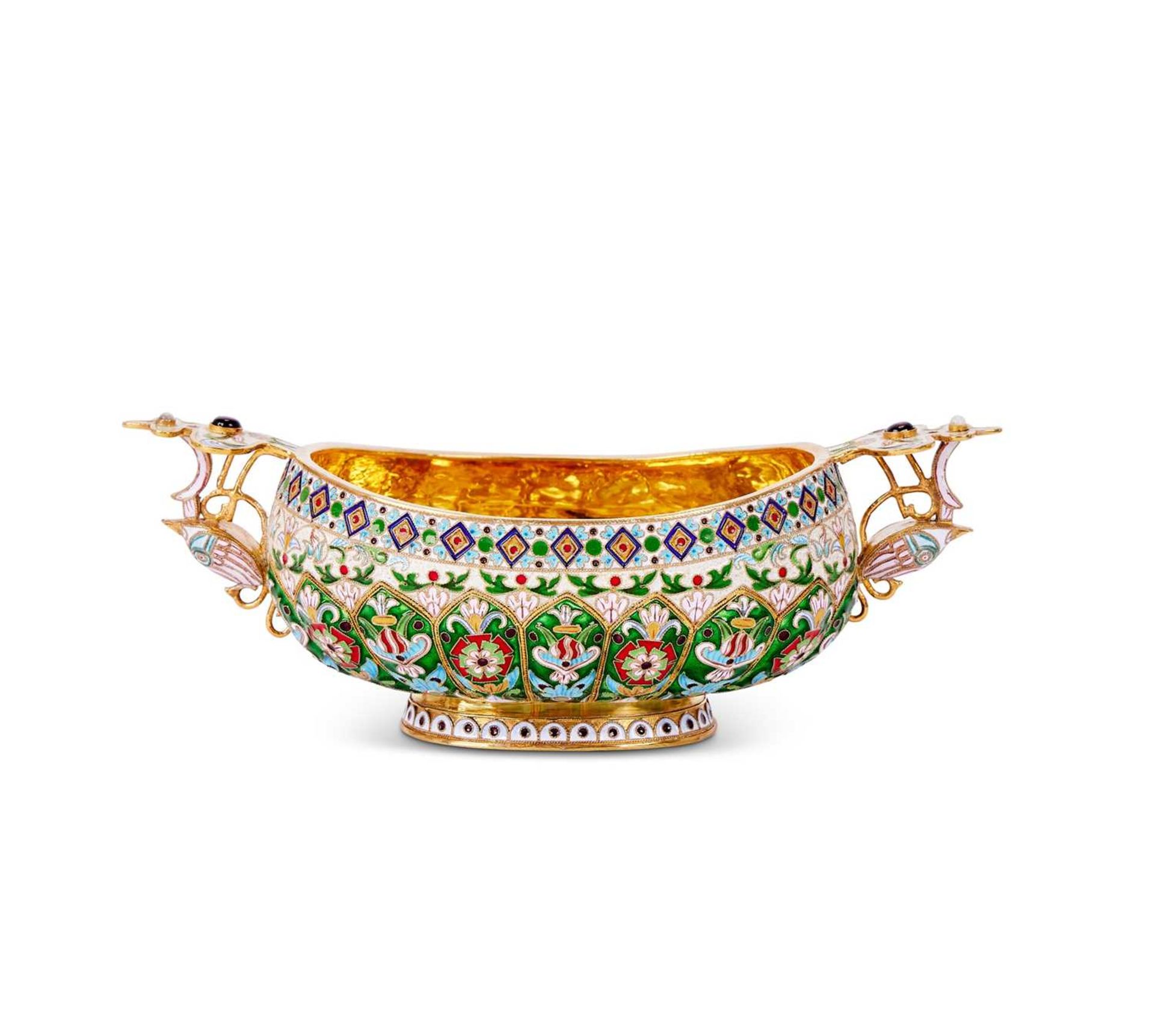 A SILVER GILT, ENAMEL AND GEM SET RUSSIAN STYLE KOVSH - Image 2 of 4