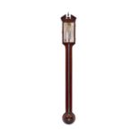 A GEORGE III MAHOGANY AND CHEQUER STRUNG STICK BAROMETER SIGNED 'BANKS, STRAND, LONDON'