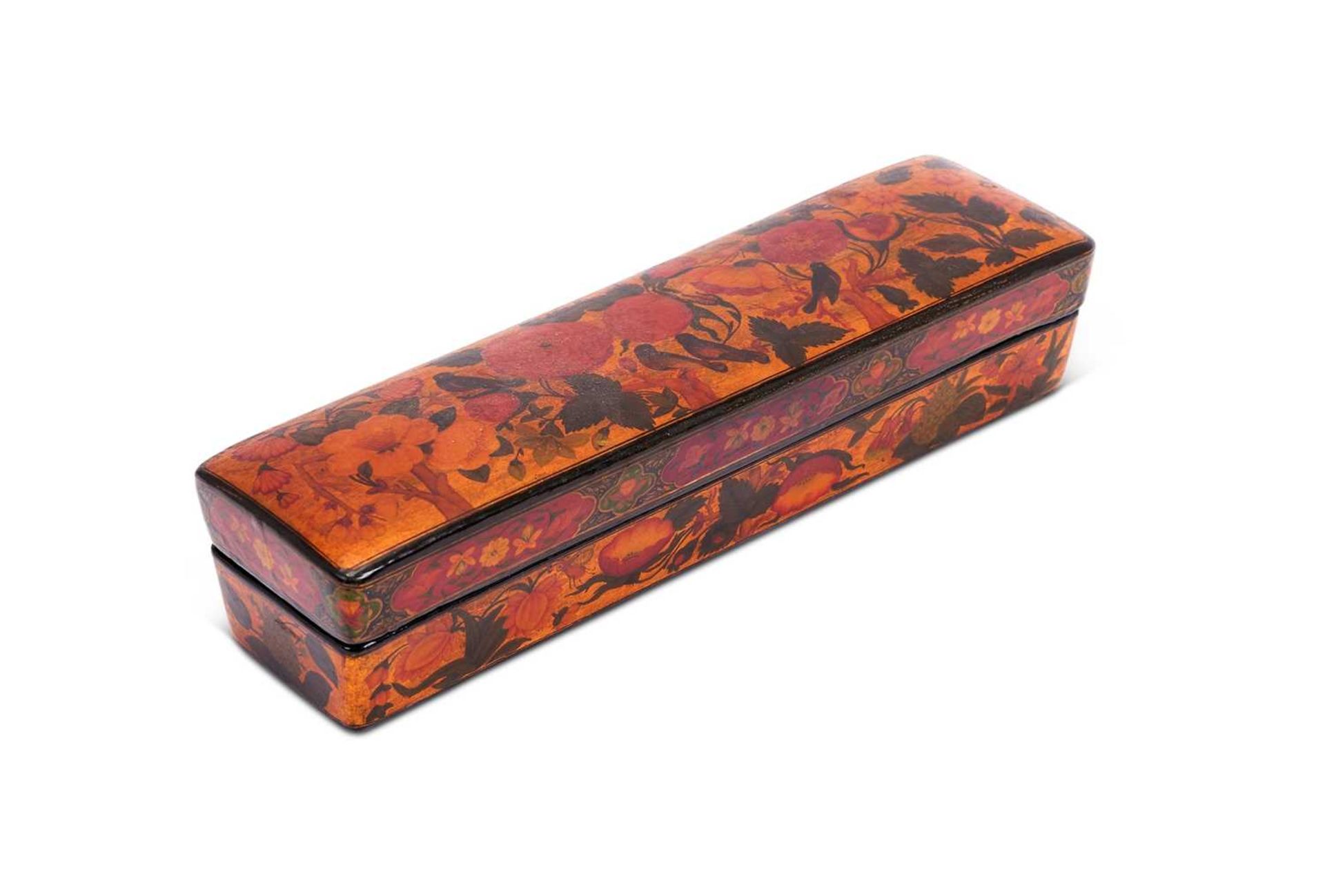A LARGE 19TH CENTURY OR EARLIER PERSIAN LACQUERED SCHOLAR'S PEN BOX