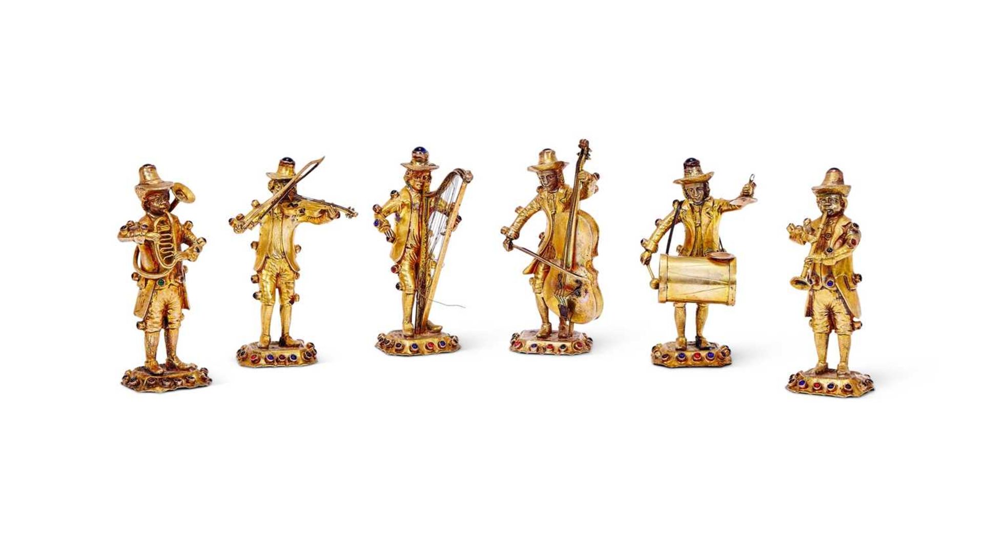 A SET OF SIX SILVER GILT AND JEWELLED FIGURES OF MUSICIANS, GERMAN, CIRCA 1880