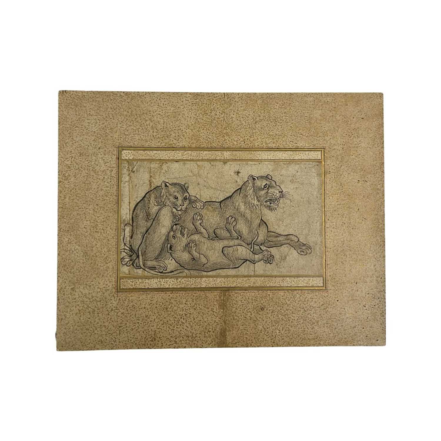 AN 18TH / 19TH CENTURY PERSIAN PEN AND INK DRAWING OF TIGERS n 18th