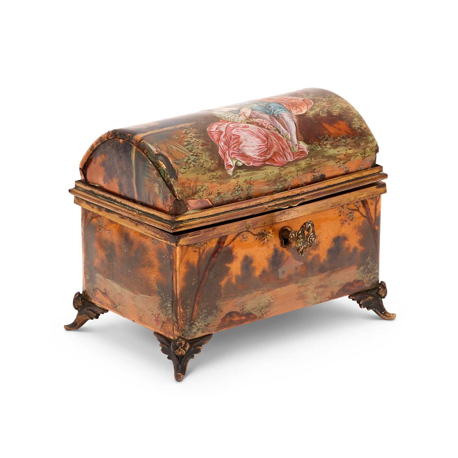 A 19TH CENTURY FRENCH LIMOGES ENAMEL AND ORMOLU JEWELLERY BOX